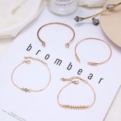 Picture of 4 Pcs VKME Vintage Geometric Crystal Bracelet Set for Women Arrow Feathers Leaves Moon Bohemian Bracelet Wholesale