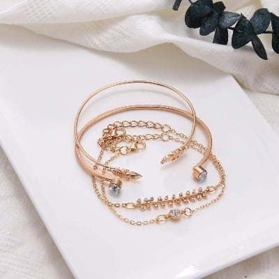 Picture of 4 Pcs VKME Vintage Geometric Crystal Bracelet Set for Women Arrow Feathers Leaves Moon Bohemian Bracelet Wholesale