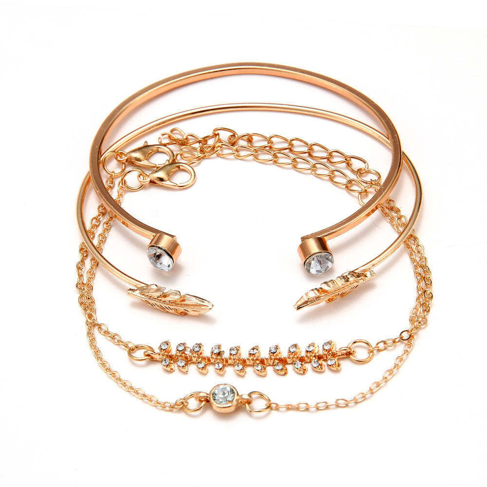 Picture of 4 Pcs VKME Vintage Geometric Crystal Bracelet Set for Women Arrow Feathers Leaves Moon Bohemian Bracelet Wholesale