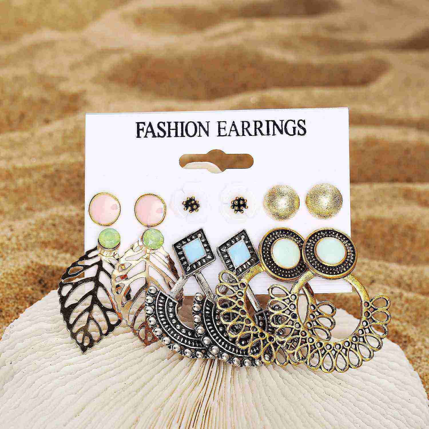 Picture of 6 Pair Women Fashion Pearl Crystal Jewelry Tassel Drop Earrings Hoop Earrings Set Mixed Designs Leopard Earrings Jewelry