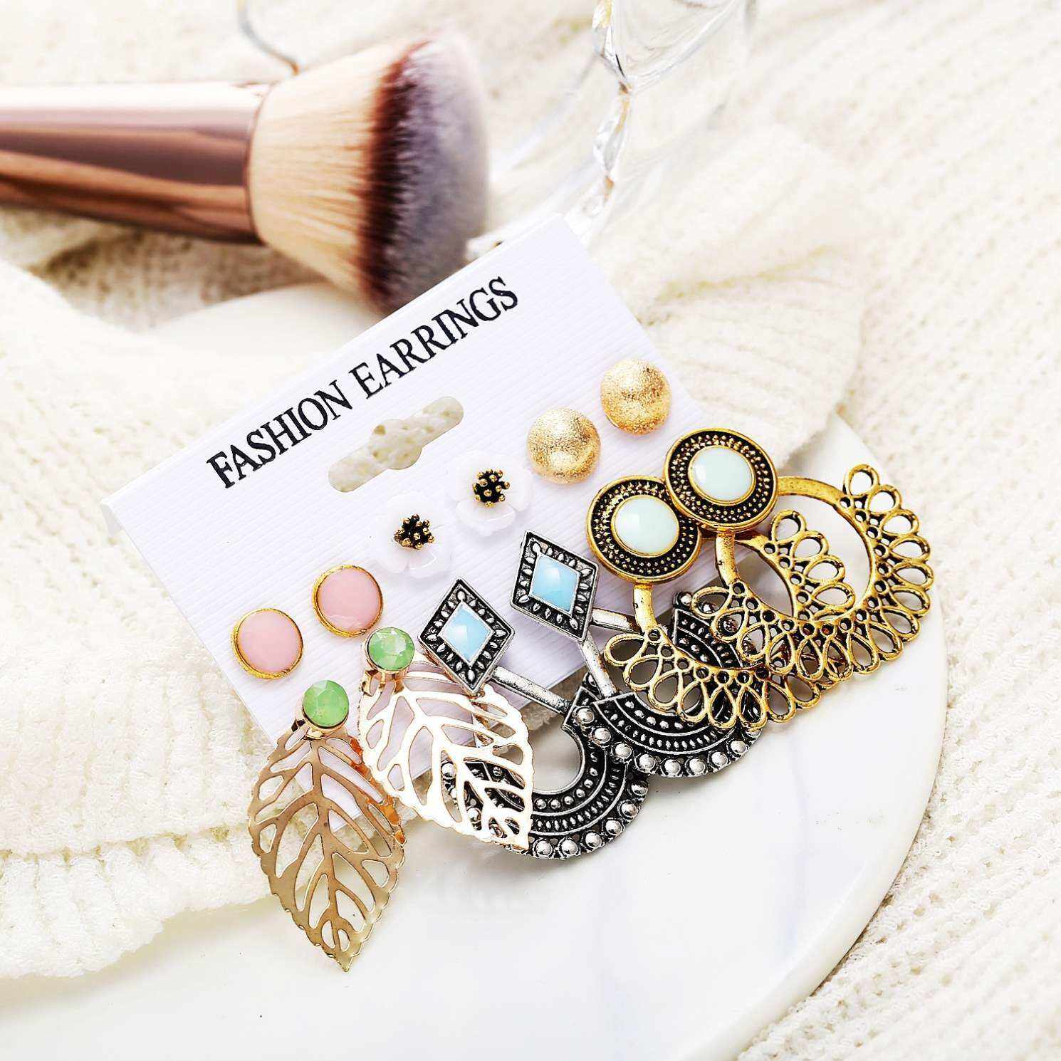 Picture of 6 Pair Women Fashion Pearl Crystal Jewelry Tassel Drop Earrings Hoop Earrings Set Mixed Designs Leopard Earrings Jewelry