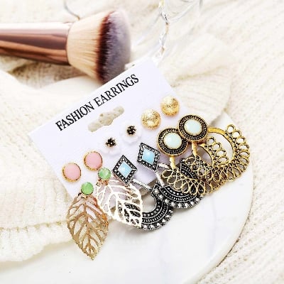 Picture of 6 Pair Women Fashion Pearl Crystal Jewelry Tassel Drop Earrings Hoop Earrings Set Mixed Designs Leopard Earrings Jewelry