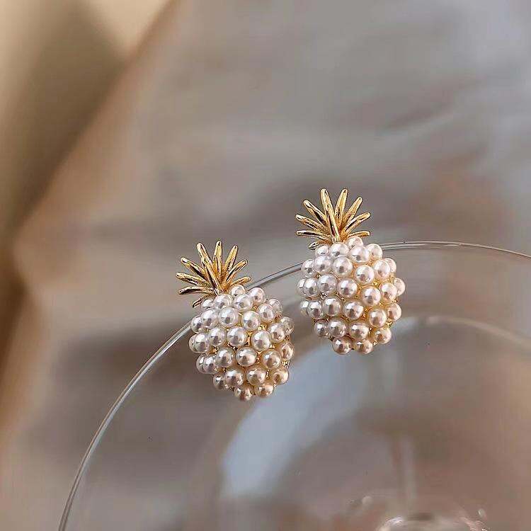 Picture of Fashion Mini Cute Pineapple Pearl Stud Earrings Zircon Jewelry Pearl Stud Cute Earrings Women Earrings