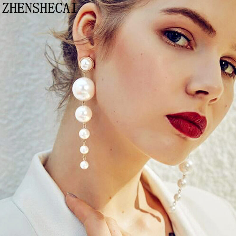 Picture of Fashion Irregular Imitation Pearl Drop Earrings White Beads Long Tassel Dangle Earrings for Women Beach Vacation Seaside Jewelry