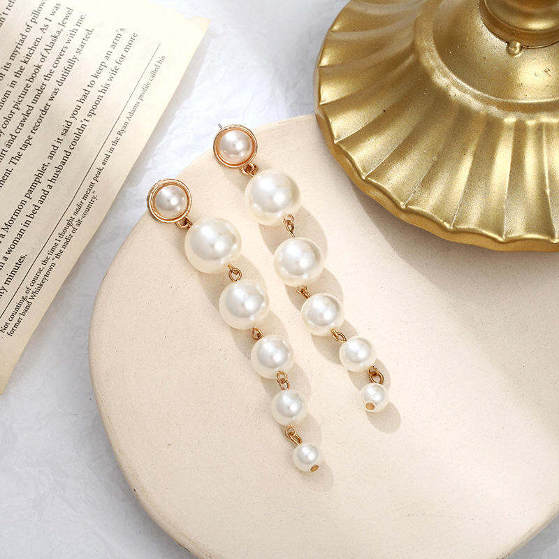 Picture of Fashion Irregular Imitation Pearl Drop Earrings White Beads Long Tassel Dangle Earrings for Women Beach Vacation Seaside Jewelry
