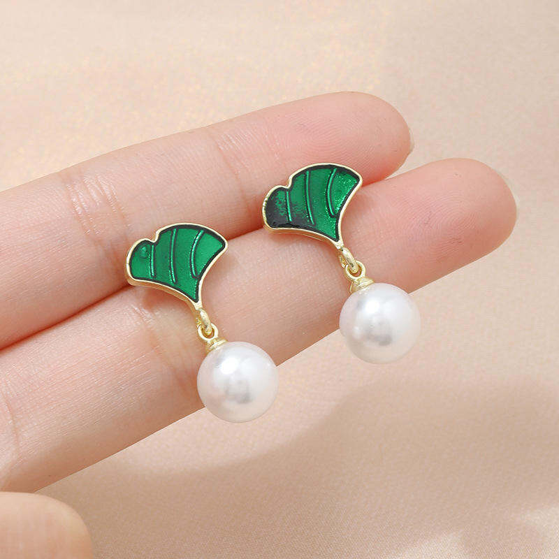 Picture of Cute Creative Vintage Gold Leaf Tassel Unique Drop Dangle Dangling Ball Pearl Earrings For Womens