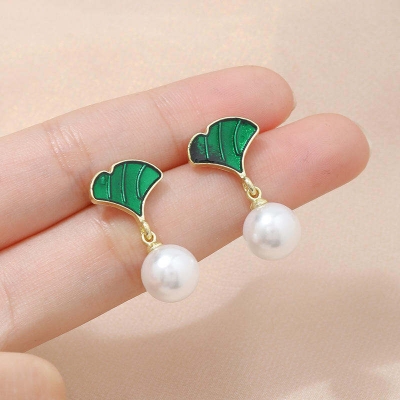 Picture of Cute Creative Vintage Gold Leaf Tassel Unique Drop Dangle Dangling Ball Pearl Earrings For Womens