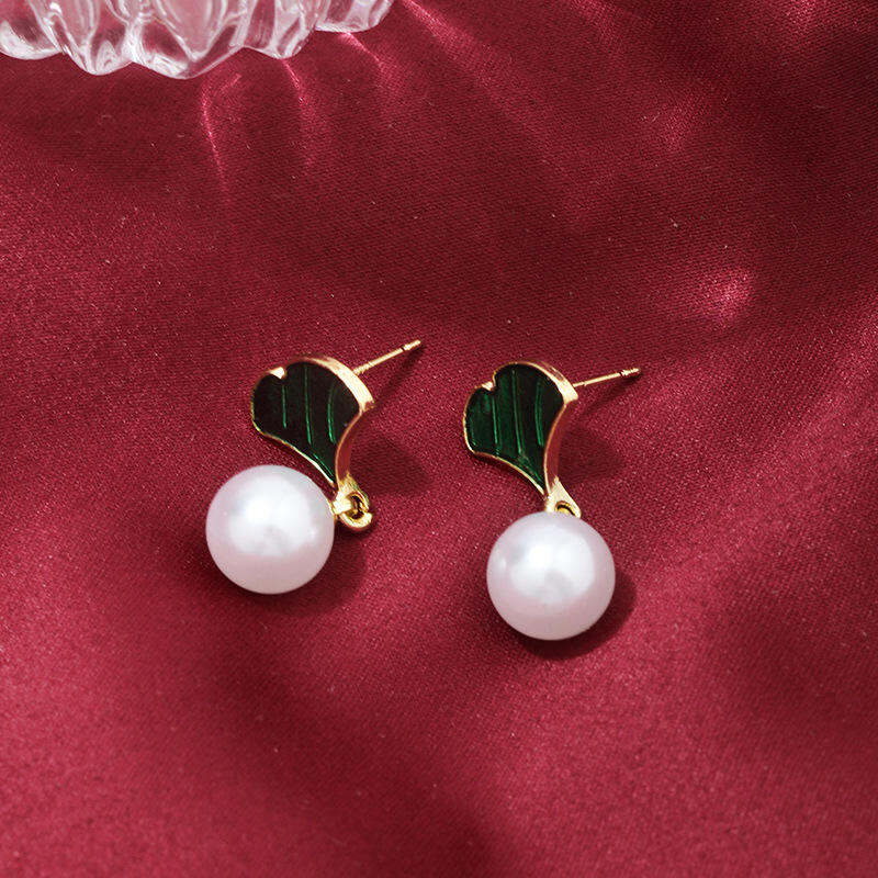 Picture of Cute Creative Vintage Gold Leaf Tassel Unique Drop Dangle Dangling Ball Pearl Earrings For Womens