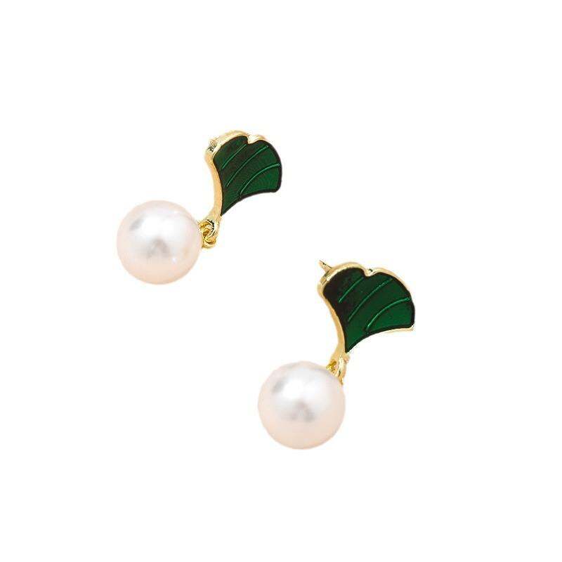 Picture of Cute Creative Vintage Gold Leaf Tassel Unique Drop Dangle Dangling Ball Pearl Earrings For Womens