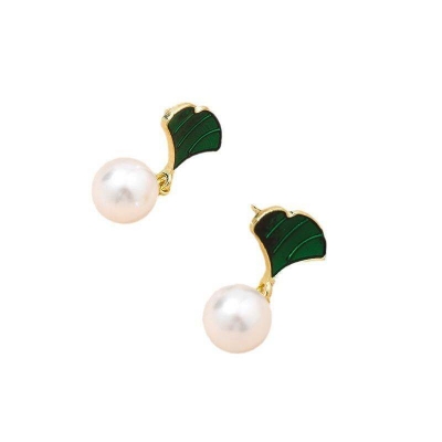 Picture of Cute Creative Vintage Gold Leaf Tassel Unique Drop Dangle Dangling Ball Pearl Earrings For Womens