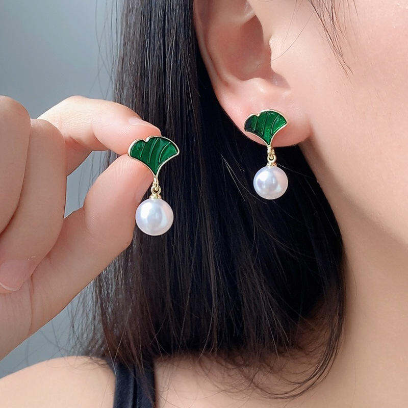 Picture of Cute Creative Vintage Gold Leaf Tassel Unique Drop Dangle Dangling Ball Pearl Earrings For Womens