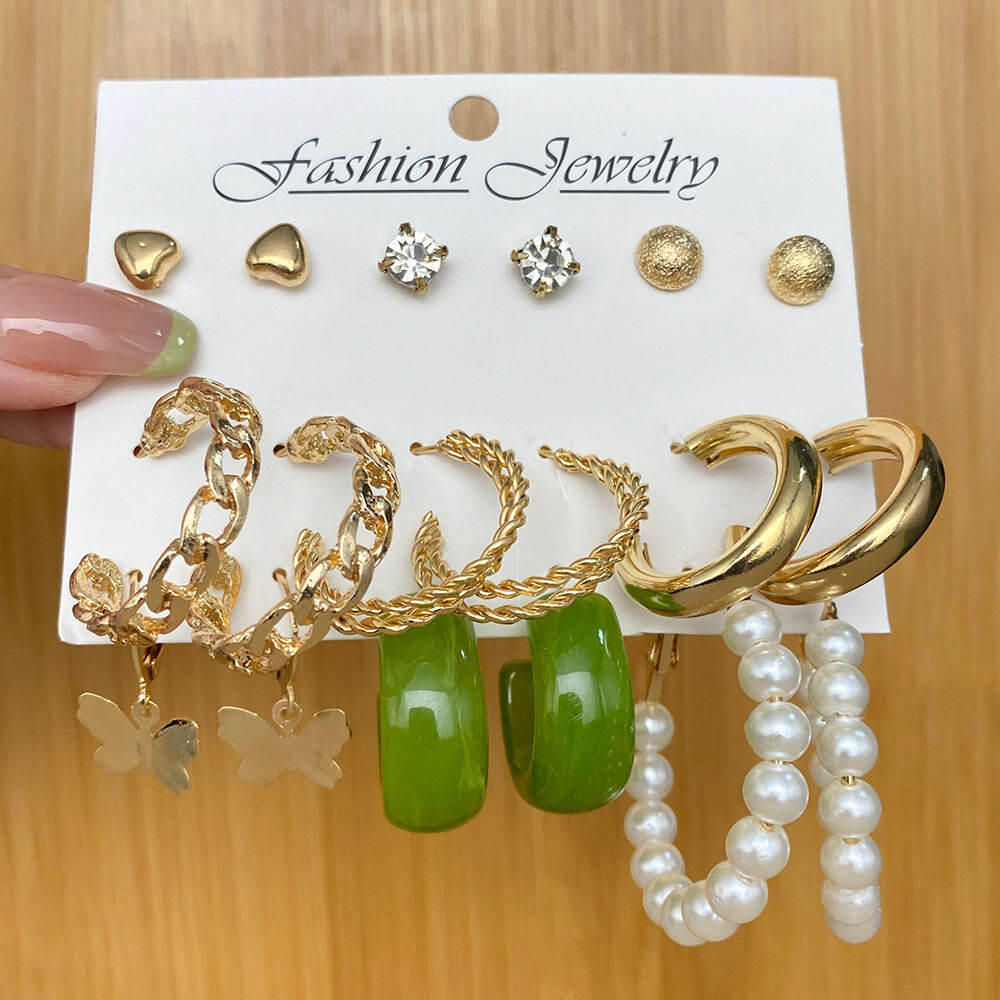 Picture of New Design Geometric Drop Stud Earring Set for Women Vintage Acrylic Resin Circle Bohemian Hoop Earrings Set