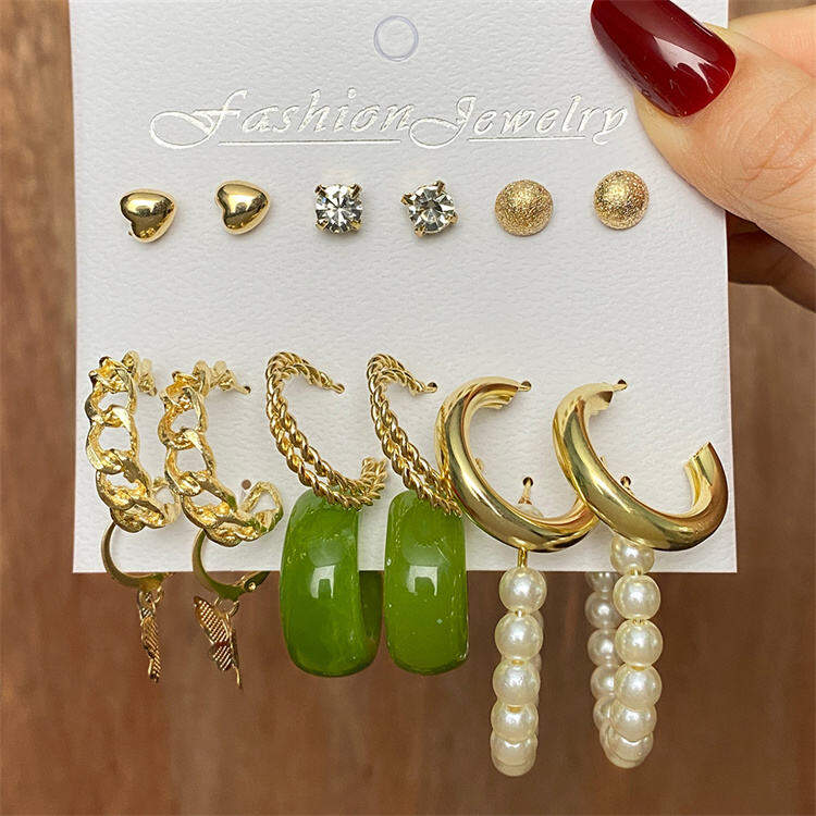 Picture of New Design Geometric Drop Stud Earring Set for Women Vintage Acrylic Resin Circle Bohemian Hoop Earrings Set