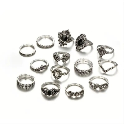 Picture of European and American foreign trade personality trend hollow lotus 15-piece set ring black gem joint set ring