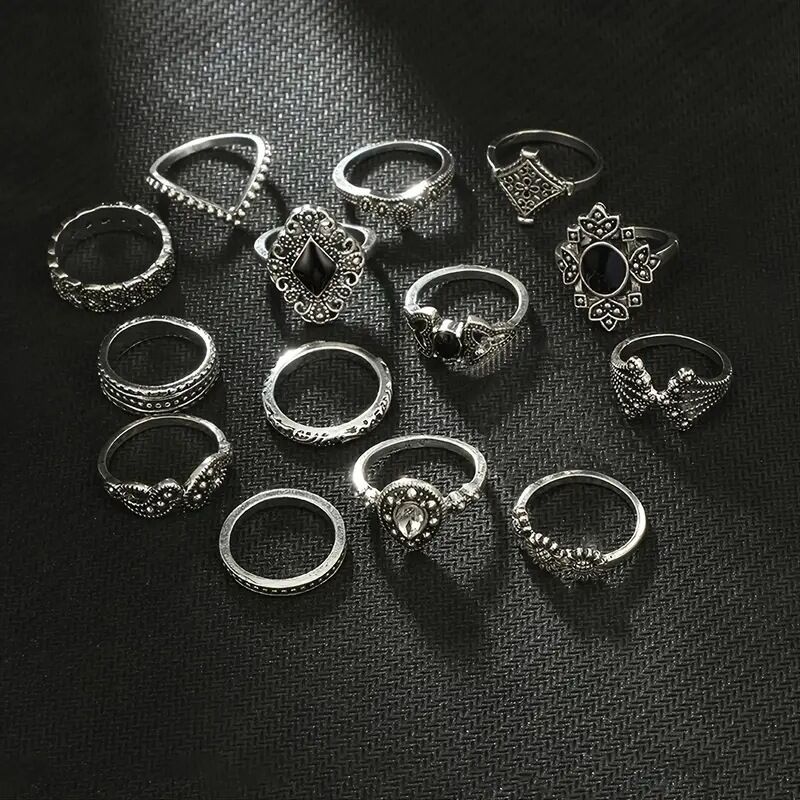 Picture of European and American foreign trade personality trend hollow lotus 15-piece set ring black gem joint set ring