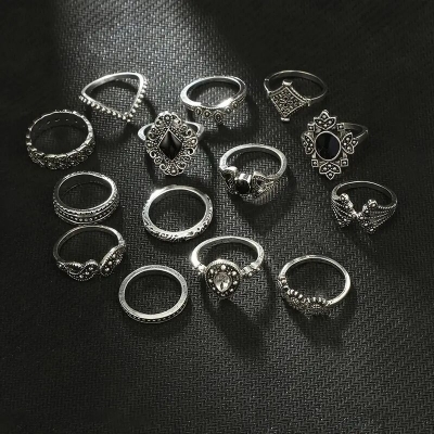 Picture of European and American foreign trade personality trend hollow lotus 15-piece set ring black gem joint set ring