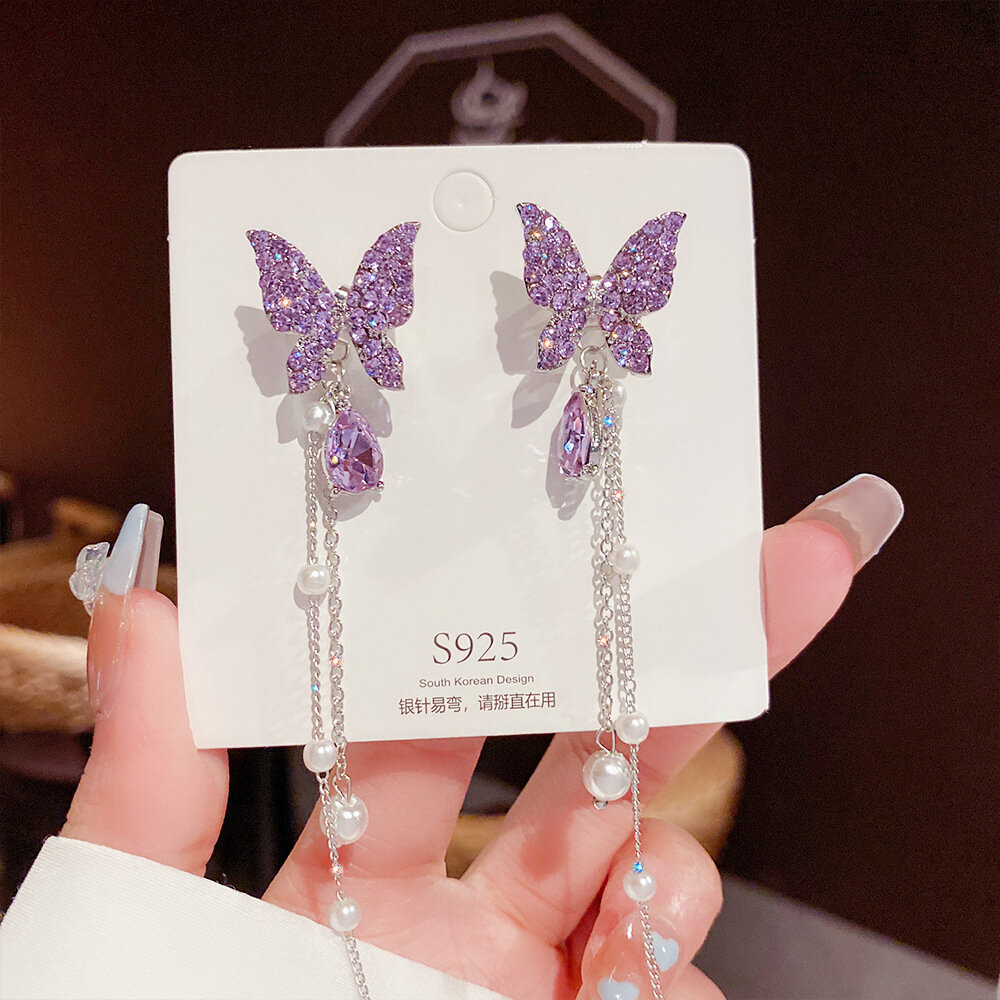 Picture of New Crystal Purple Butterfly Tassel Earrings Women's Fashion Temperament Long Stud Earrings Wedding Jewelry Birthday Gifts