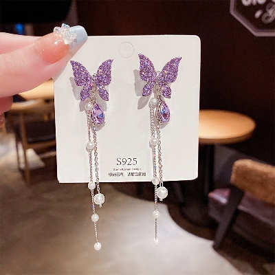 Picture of New Crystal Purple Butterfly Tassel Earrings Women's Fashion Temperament Long Stud Earrings Wedding Jewelry Birthday Gifts