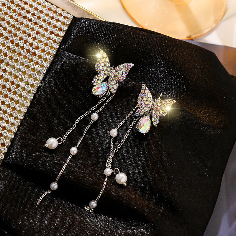 Picture of New Crystal Purple Butterfly Tassel Earrings Women's Fashion Temperament Long Stud Earrings Wedding Jewelry Birthday Gifts