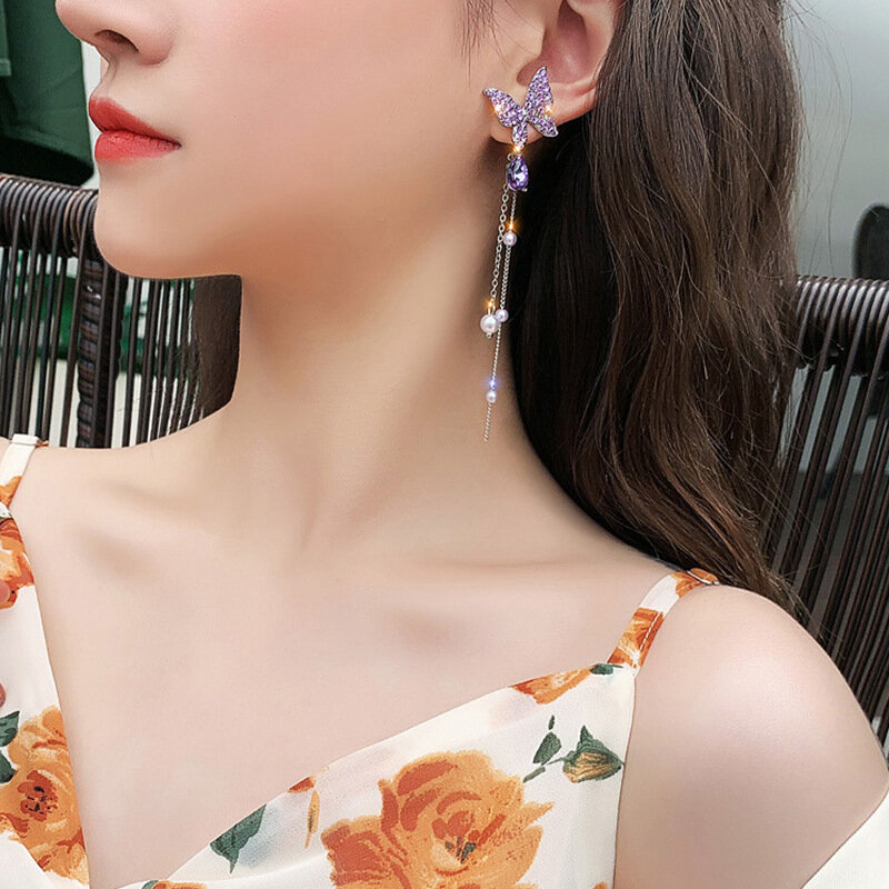 Picture of New Crystal Purple Butterfly Tassel Earrings Women's Fashion Temperament Long Stud Earrings Wedding Jewelry Birthday Gifts