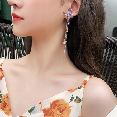 Picture of New Crystal Purple Butterfly Tassel Earrings Women's Fashion Temperament Long Stud Earrings Wedding Jewelry Birthday Gifts