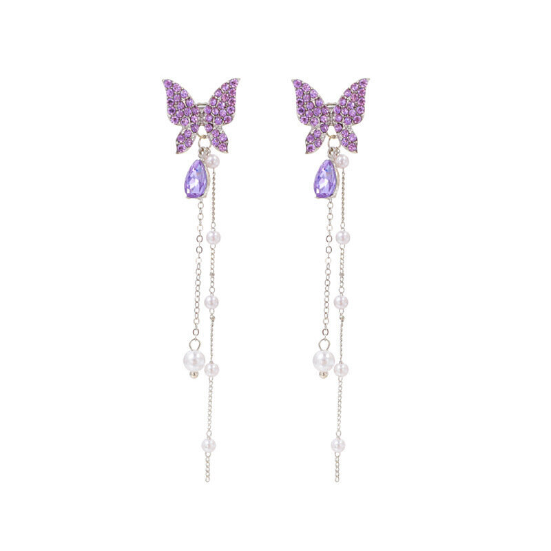 Picture of New Crystal Purple Butterfly Tassel Earrings Women's Fashion Temperament Long Stud Earrings Wedding Jewelry Birthday Gifts