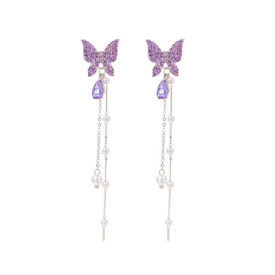 Picture of New Crystal Purple Butterfly Tassel Earrings Women's Fashion Temperament Long Stud Earrings Wedding Jewelry Birthday Gifts