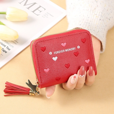 Picture of Lovely Heart Embroidered PU Leather Women's Zipper Coin Purse Star Pendant Short Wallet