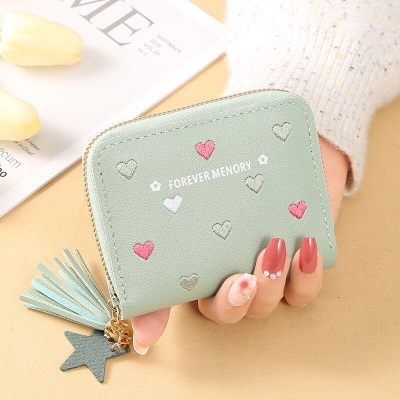 Picture of Lovely Heart Embroidered PU Leather Women's Zipper Coin Purse Star Pendant Short Wallet