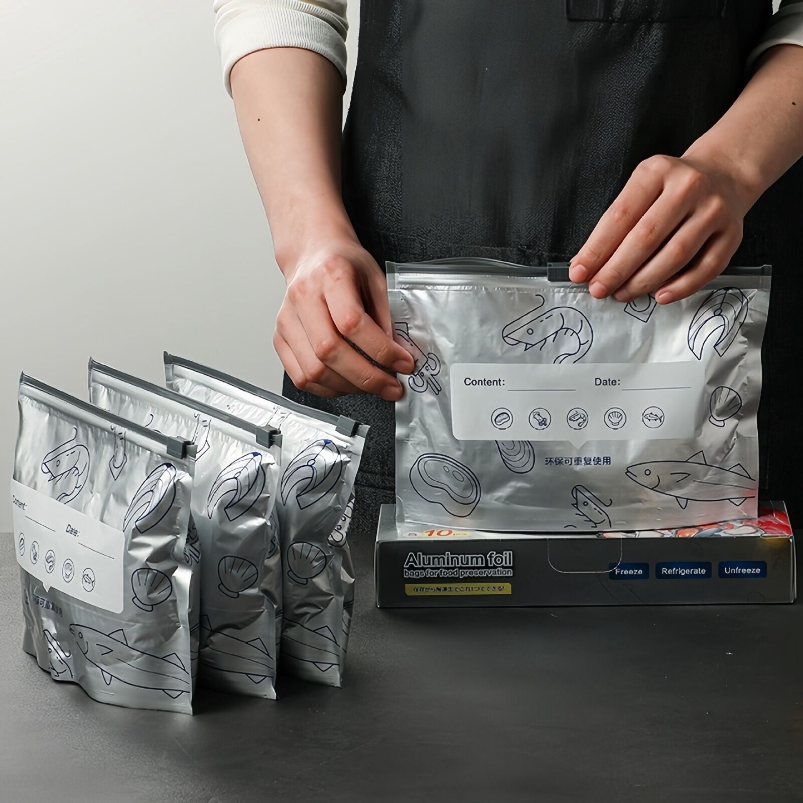 Picture of 15 Pcs combo Fresh-keep Zip Lock Bags Smart Label Freezer Snack Meat Storage Foil Pouch Unique Aluminum Ziplock Frozen Bag for Food Packaging