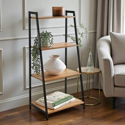 Picture of Furnix FurnixBD 4-Tier Ladder Shelf Bookcase – Metal Frame Wooden Storage Rack for Bathroom, Bedroom & Living Room, Space Saving Display Shelving Unit