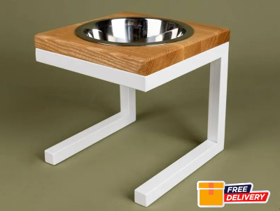 Picture of Furnix Furnix Elevated Dog Bowl Stand – Modern Wooden Pet Feeder with Stainless Steel Bowl, Raised Dog Feeding Station for Comfortable Pet Dining