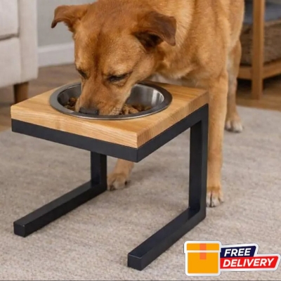 Picture of Furnix Furnix Elevated Dog Bowl Stand – Modern Wooden Pet Feeder with Stainless Steel Bowl, Raised Dog Feeding Station for Comfortable Pet Dining