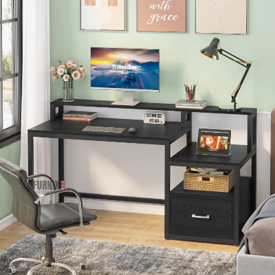 Picture of Furnix Furnix Computer Table Desktop Table with File Drawer Cabinet, Reversible Drawer Office Desk with Open Storage Shelves & Printer Space