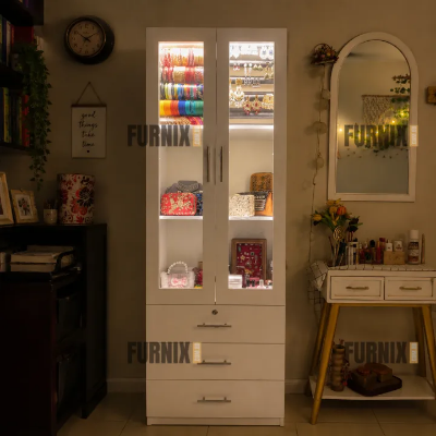 Picture of Furnix Modern White Transparent Door Display Cabinet with LED Light & Storage Drawers | Jewelry, Cosmetics & Multipurpose Organizer Shelf 72/24 Inches by FurnixBD