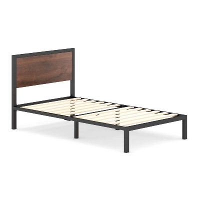 Picture of Furnix Modern Single Bed Metal Bed Frame with Wooden Headboard – Strong Steel Single Bed Base with Wooden Slats Support for Bedroom, Durable Platform Bed by Furnix