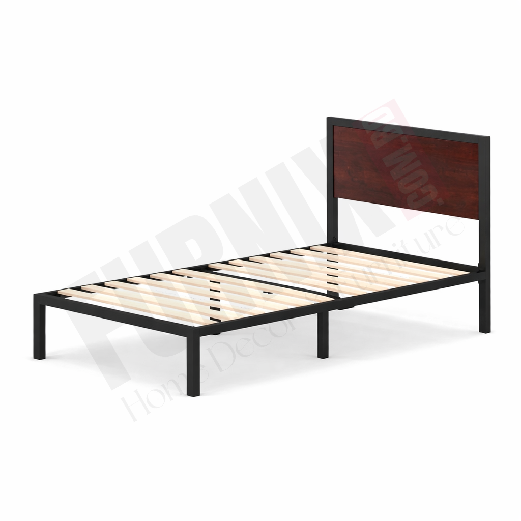 Picture of Furnix Modern Single Bed Metal Bed Frame with Wooden Headboard – Strong Steel Single Bed Base with Wooden Slats Support for Bedroom, Durable Platform Bed by Furnix