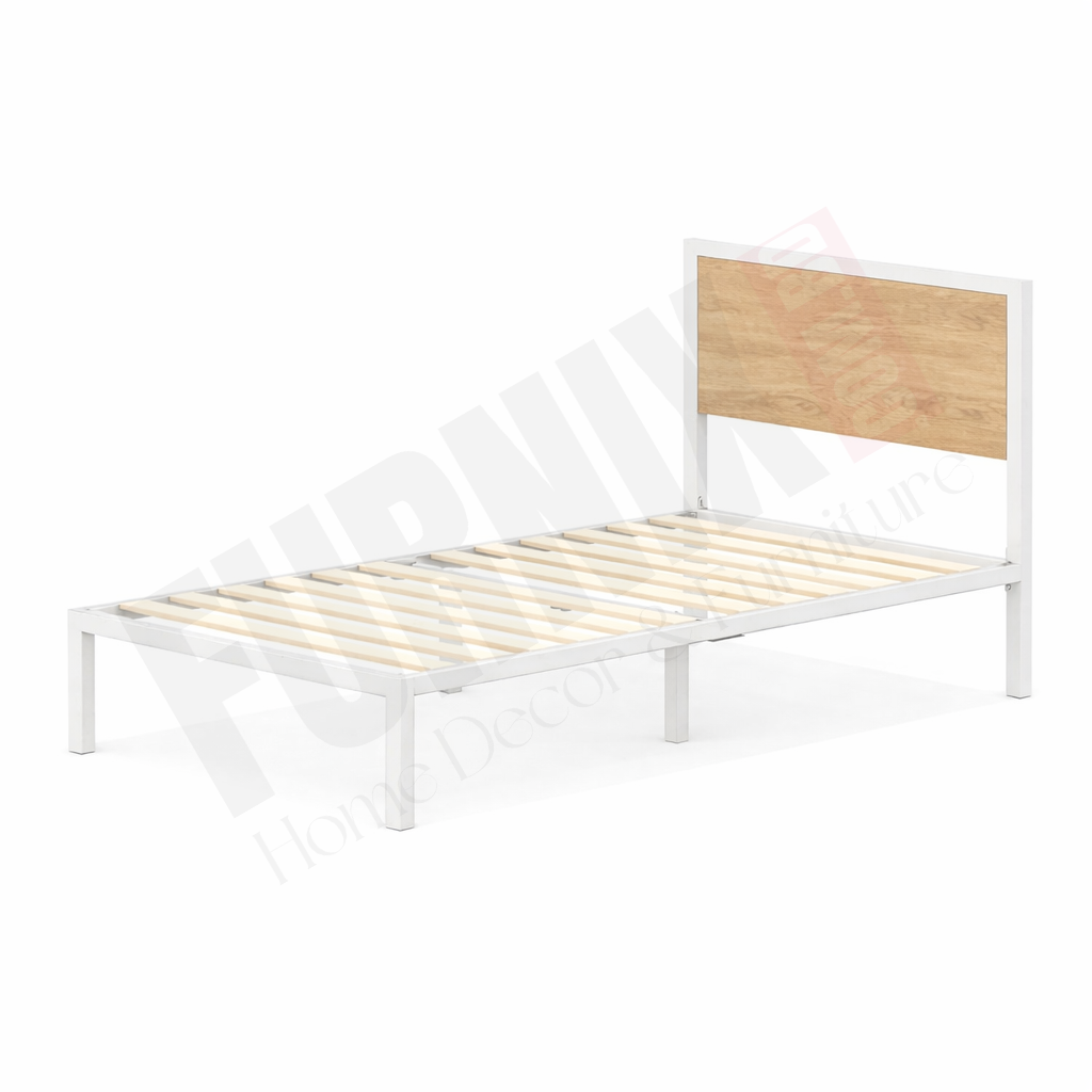 Picture of Furnix Modern Single Bed Metal Bed Frame with Wooden Headboard – Strong Steel Single Bed Base with Wooden Slats Support for Bedroom, Durable Platform Bed by Furnix