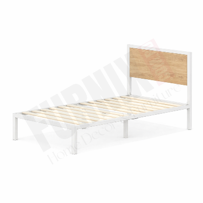 Picture of Furnix Modern Single Bed Metal Bed Frame with Wooden Headboard – Strong Steel Single Bed Base with Wooden Slats Support for Bedroom, Durable Platform Bed by Furnix