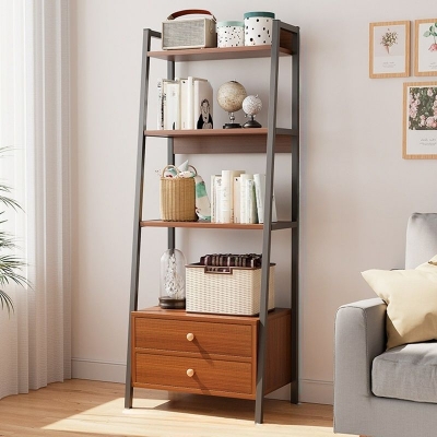 Picture of Furnix FurnixBD Open Back Ladder Bookshelf – Self-Standing Steel Frame with 2 Drawers and 4 Shelves