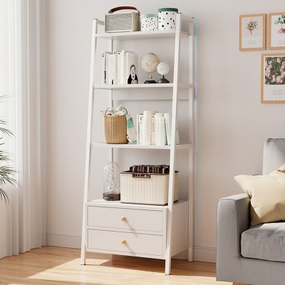 Picture of Furnix FurnixBD Open Back Ladder Bookshelf – Self-Standing Steel Frame with 2 Drawers and 4 Shelves