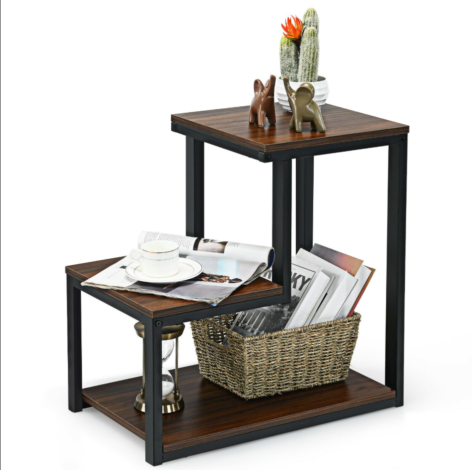 Picture of Furnix Furnix Industrial-Style End Table with 3-Tier Storage Shelves – Rustic Side Table for Living Room, Bedroom, or Office