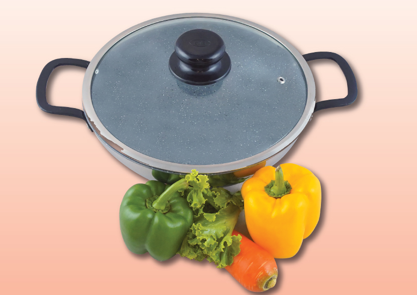 Picture of SKB Stainless Steel Non-Stick 3-Ply Wok Pan with Glass Lid & Marble Coating 26CM