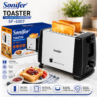Picture of Sonifer SF-6007 kitchen best price smart pop-up vertical electric 2 slice stainless steel mini toaster bread - Silver