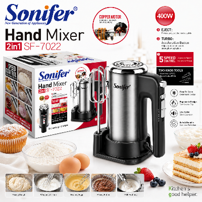 Picture of Sonifer SF-7022 egg beater whisk 300w 5 speed motor with storage base multifunctional electric hand held egg cake food mixers - Silver