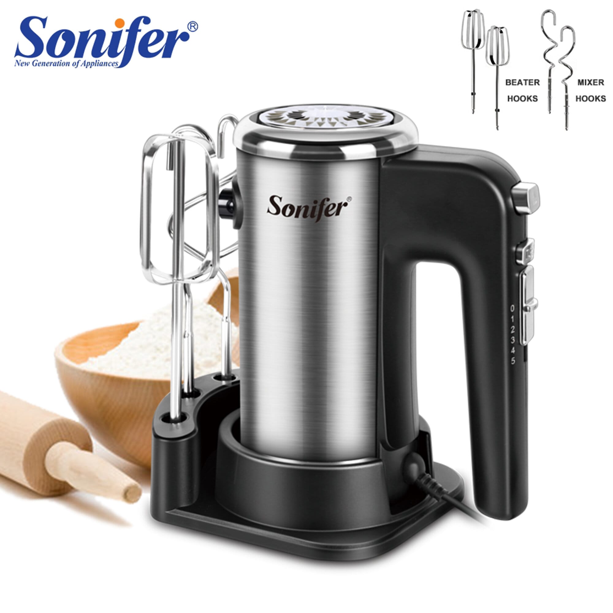 Picture of Sonifer SF-7022 egg beater whisk 300w 5 speed motor with storage base multifunctional electric hand held egg cake food mixers - Silver