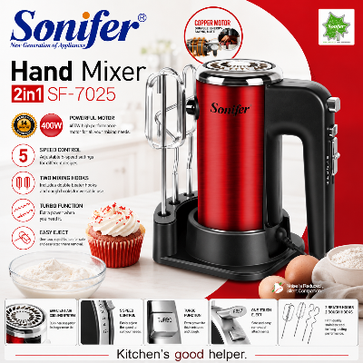 Picture of Sonifer SF-7025 Household 400W Power Motor With Storage Hook Beater Steel Electric Hand Cake Mixer - Red