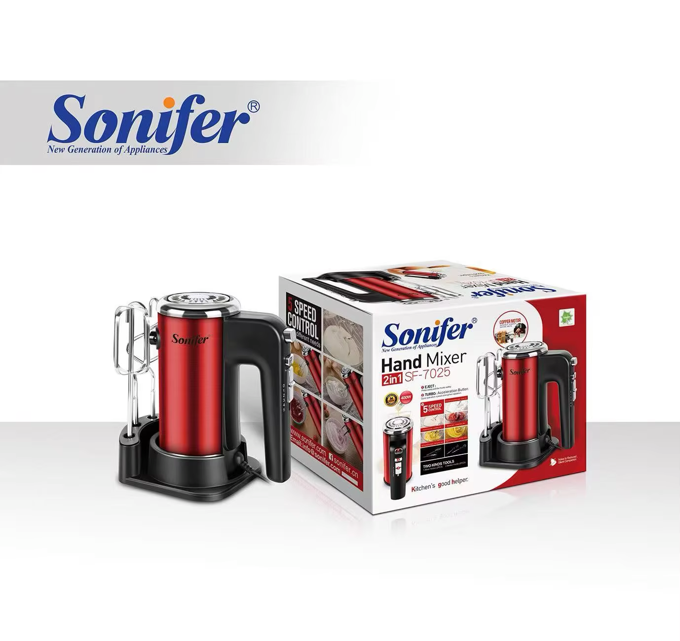 Picture of Sonifer SF-7025 Household 400W Power Motor With Storage Hook Beater Steel Electric Hand Cake Mixer - Red
