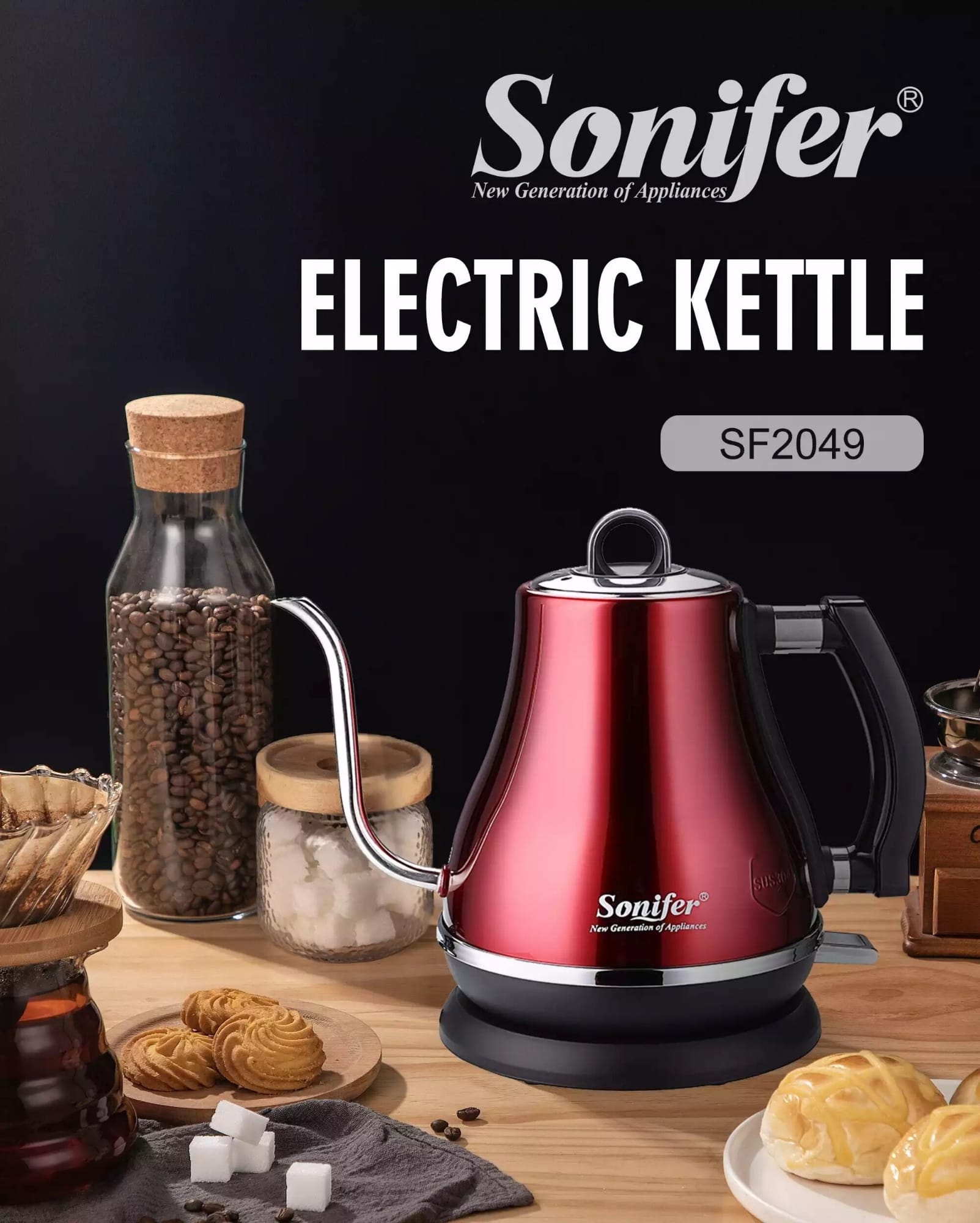 Picture of Sonifer SF-2049 small kitchen appliances 1.2L fast boiling cordless stainless steel coffee kettle electric - Red