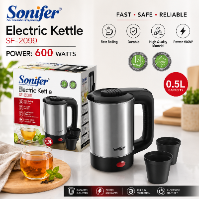 Picture of Sonifer SF-2099 household portable with 2 cups personal mini stainless steel travel electric kettle 0.5l - Silver